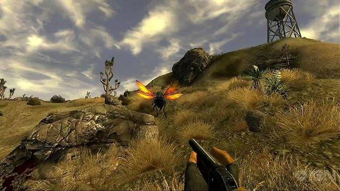 A screenshot of Fallout New Vegas gameplay, featuring the player aiming a gun at a mutated wasp.