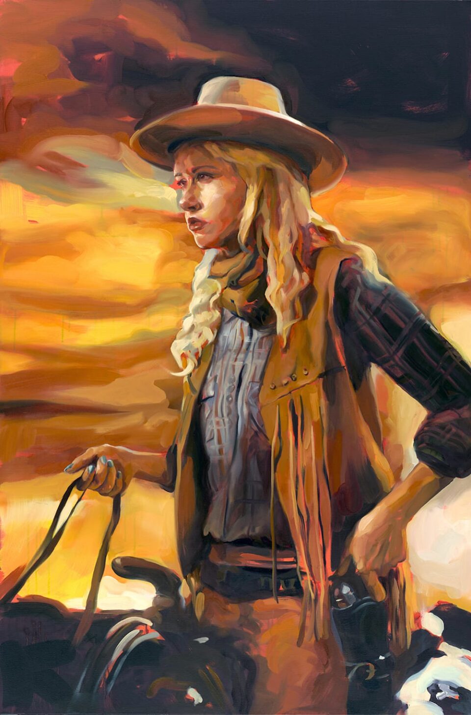 An oil painting of a female cowboy.